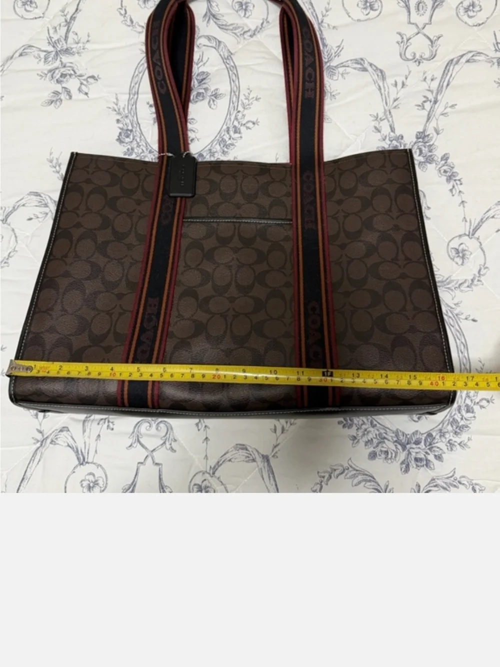 Coach Signature Canvas Large Tote in Brown with Maroon-Trim Straps - Picture 11 of 12